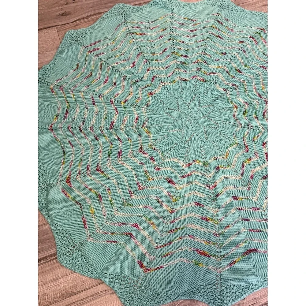 Afghan Star blanket Handmade Round Crochet/Shawl Throw Seafoam Multicolor Accent